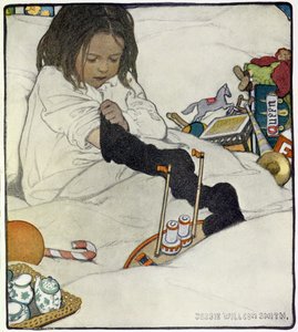 クリスマスの靴下を開ける 作： Jessie Willcox Smith