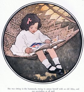 彼女はハンモックに座って、古いアトラスで楽しもうとしていたが、うまくいかなかった (色リソ) 作： Jessie Willcox Smith