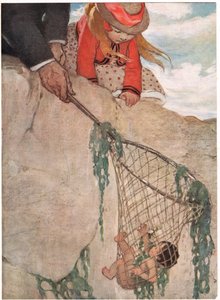 漁網に絡まったトム、牧師チャールズ・キングズレー作「The Water Babies」のイラスト（カラーリソ） 作： Jessie Willcox Smith