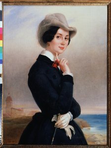 「「ロシアの女優ベラ・ミチュリナ・サモイロワ（サモイロワ）（1866-1948）の肖像」」ユージン・プルチャート（1809-1880）1840年頃の絵画 トロピニン（トロピニン）博物館 モスクワ、ロシア 作： Jewgenij Alexandrowitsch Pluchart