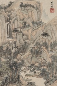さまざまな古いマスターのスタイルの風景：馬湾のスタイル、1669年（紙にインクと色） 作： Wang Jian