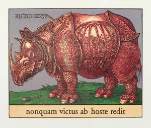 赤いサイ、2007年（木版画） 作： Jim Monson