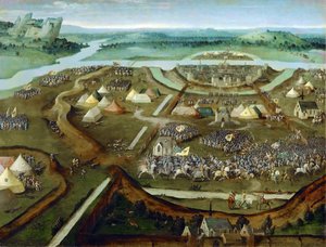 初期ネーデルランド美術：La bataille de Pavie - The Battle of Pavia（パヴィアの戦い） par Patinier（Patenier ou Patinir）, Joachim, follower of , ca 1530.木に油彩、31x41。ヴィエンヌの美術史博物館 作： Joachim (follower of) Patenier or Patinir