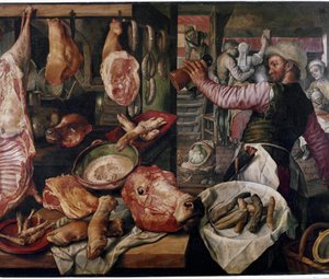 肉屋。(食肉市場）。特に 作： Joachim Beuckelaer or Bueckelaer