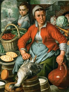 初期ネーデルランド美術市場の女」1561年頃（木に油彩 作： Joachim Beuckelaer