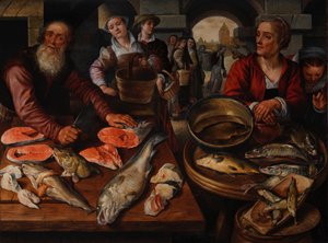 魚市場、1568（バルトオークの油） 作： Joachim Beuckelaer
