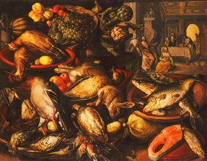 ラーダーのバスケットとボウルに入ったゲーム、魚、果物、野菜、1569 作： Joachim Beuckelaer