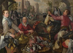 4つの要素：放蕩息子のいる町の家禽の屋台-空気の寓話、1569 作： Joachim Beuckelaer