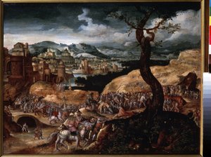 ""The Passion of Christ"" (キリストの受難) カルバリーへの登り。 Joachim Patinier (または Patiner または Patinir) による絵画 (1480-1524 年頃) 16 世紀のプーシキン美術館、モスクワ 作： Joachim Patinir
