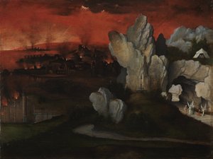 ソドムとゴモラの破壊のある風景》1520年頃（油彩・パネル） 作： ヨアヒム・パティニル