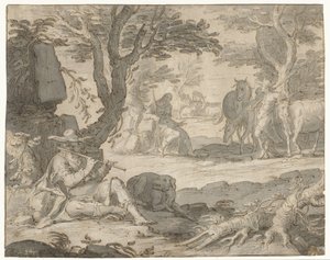 アドメトスの群れの世話をしながらフルートを吹くアポロン 作： Joachim Wtewael or Utewael