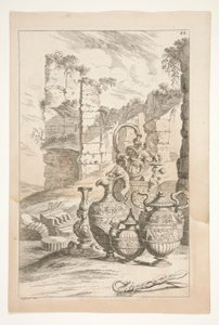 Sculpturae Veteris Admirata からの廃墟のある風景の中の燭台と処理された観賞用水差し 作： Joachim von Sandrart