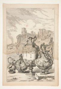 4 つの花瓶、壊れた花瓶、壊れた燭台、古典的な廃墟のある風景の中の Herm 作： Joachim von Sandrart