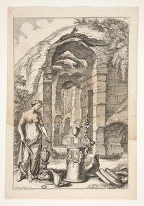 骨壷、スタンド、廃墟のあるアンティーク ドレスの女性 作： Joachim von Sandrart