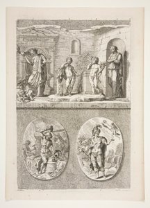上半分: 4 つのアンティークの彫像 下半分: バルカンの鍛冶場と勝利したローマの将軍 作： Joachim von Sandrart