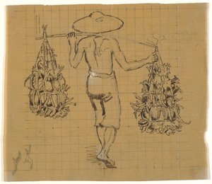 1 つのくびきに 2 つの荷物を載せて歩くジャワのクーリー、背面図 作： Joakim Frederik Skovgaard