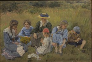 牧草地で休む。 アーティストの妻と子供たち 作： Joakim Frederik Skovgaard