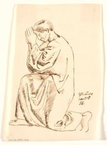 ひざまずいて、横顔で祈っている若い男