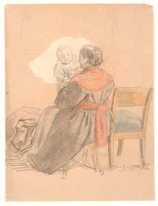 子供を連れて後ろ向きに座っている女性 作： Joakim Frederik Skovgaard