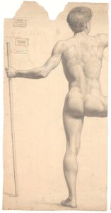 後ろから見た立位の男性モデル、左手に杖、右腕と脚を切断 作： Joakim Frederik Skovgaard