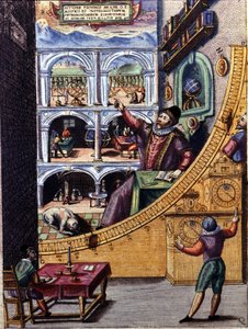 デンマークの天文学者ティコ・ブラーエ（1546 - 1601）、ウラニエンブルグの天文台にて - アトラス・メジャー・シーヴによるカラー彫刻、ヨハニス・ブラエフによるコスモグラフィ「Blavania labores and sumptibus」。 作： Joan Blaeu