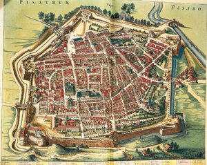イタリア、ペーザロの地図、ジョアン・ブラウの『Theatrum civitatum et admirandorum Italiae』より、エングレーヴィング。