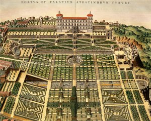 イタリア、チボリ、ヴィラ・デステの眺め、ジャン・ブラウの「Theatrum Civitatum et Admirandorum Italiae」からのエングレーヴィング、アムステルダム 作： Joan Blaeu