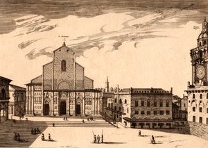 イタリア、エミリア・ロマーニャ州、ボローニャ、マッジョーレ広場のサン・ペトロニオ・バジリカ、銅版画、約21x29cm 作： Joan Blaeu