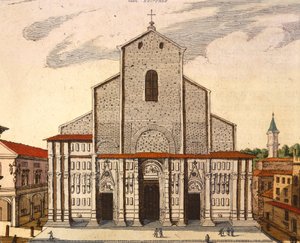 ボローニャのサン・ペトロニオのバジリカ、ジョアン・ブラウ（1596-1673）作、イタリアの「Theatrum Civitatum et Admirandorum Italiae」からのプリント。 作： Joan Blaeu