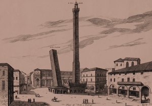 2つの塔（アシネッリとガリセンダ）、ボローニャ、ボローニャ、エミリア＝ロマーニャ、イタリア、銅版画、約21x29cm 作： Joan Blaeu