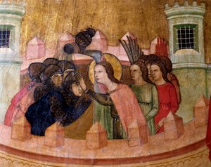 兵士に洗礼を施す聖クイテリア、聖クイテリアの祭壇画、c. 1346 (パネル上のテンペラ) 作： Joan Loert