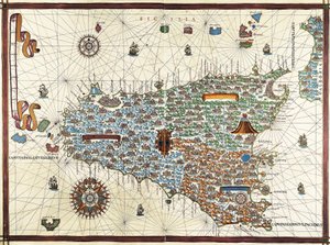 シシリー島。(シチリア島）ジョアン・マルティネス（1556-1591）の航海図 作： Joan Martines