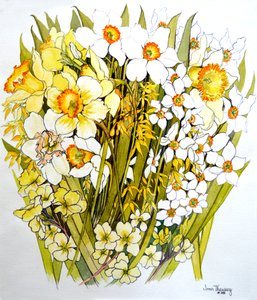 水仙、水仙、レンギョウとサクラソウ、2000 作： Joan Thewsey