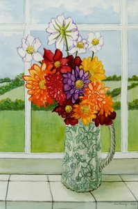 ダリア、コテージの窓枠、2010年、水彩 作： Joan Thewsey