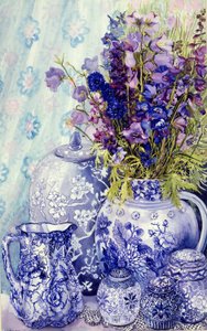 Delphiniums with Antique Blue Pots、2000、（水彩）