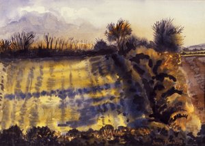 長い影のあるフィールド、1990、手作りの紙の水彩画 作： Joan Thewsey
