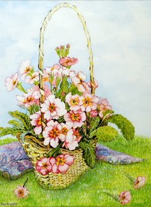 ペイズリースカーフ付き花屋バスケットのピンクのサクラソウ、2010、水彩 作： Joan Thewsey