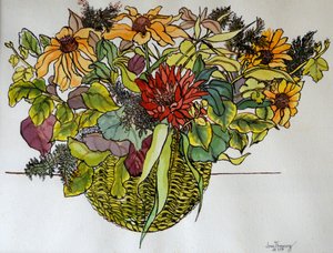 バスケットの中の葉を持つルドベキア、2011、（ペン、インク、水彩） 作： Joan Thewsey
