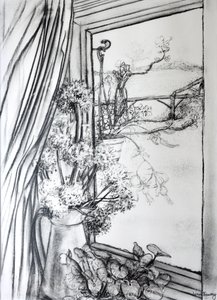 コテージの窓からの眺め、1970年（木炭） 作： Joan Thewsey