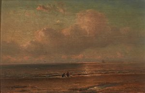 夕暮れの海岸沿いのフィギュア（パネルに油彩） 作： Joannes Frederick Schutz