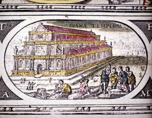1630年にアムステルダムで印刷されたヤンソンヤンソニウスのアトラスに掲載された古代の七不思議：エフェソスのディアナ（アルテミス）神殿の表現。個人蔵。