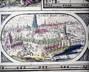 1630年にアムステルダムで印刷されたヤンソンヤンソニウスのアトラスに掲載されている「古代の七不思議：バビロンの庭園」の表現。 作： Joannes Jansson