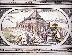 1630年にアムステルダムで印刷されたヤンソンヤンソニウスのアトラスに掲載されている「古代の七不思議：ハリカルナッソスの霊廟」の表現。個人蔵。 作： Joannes Jansson