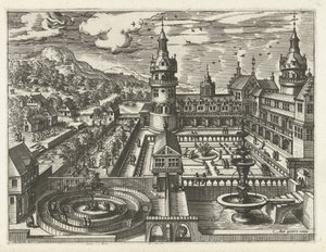迷路と噴水のある城 風景、海景、想像力豊かな街並み（シリーズ名） 作： Joannes van Doetechum (I) (attributed to)
