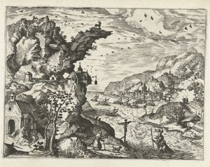 聖クリストファーのある風景 風景、海景、想像力豊かな街並み（シリーズ名） 作： Joannes van Doetechum (I) (attributed to)