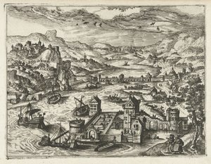 堀のある城のある川の風景 風景、海景、想像力豊かな街並み（シリーズ名） 作： Joannes van Doetechum (I) (attributed to)