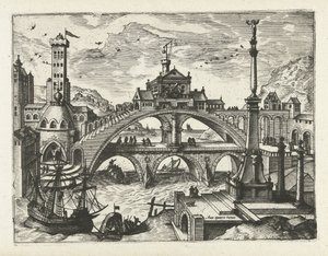 架け橋のある都市 風景、海景、想像力豊かな街並み（シリーズ名） 作： Joannes van Doetechum (I) (attributed to)