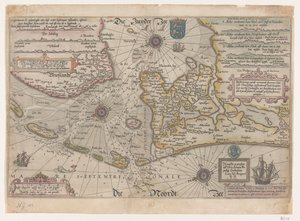 フリー川とマースディップの地図 説明he vande vermaerde stroemen、Tvlie and Tmaersdiep、上昇する Zuijder Zee は Enchuijsen で Amstelredam に向けて出航し、すべての砂と浅瀬を selve stroemen gheleghen (オブジェクトのタイトル) に載せました。 作： Joannes van Doetechum (I)