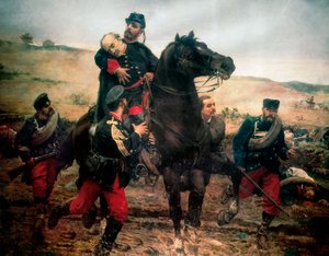 マルキ・デル・ドゥエロの死（第三次カーリスト戦争）。ホアキン・アグラソット・イ・フアン（1836-1919）の絵 作： Joaquin Agrasot y Juan