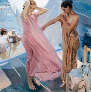 ""Apres le bain"" (After the Bath) 海で入浴した後に着替える二人の少女 Joaquin Sorolla y Bastida (1863-1923) の絵画 - 1909 - キャンバスに油彩 - Museo Sorolla Madrid